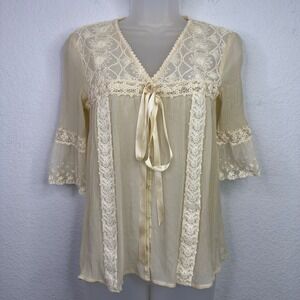 Free People Shirt Womens S Ivory Silk Lace Boho Coquette Fairy Romantic Cottage